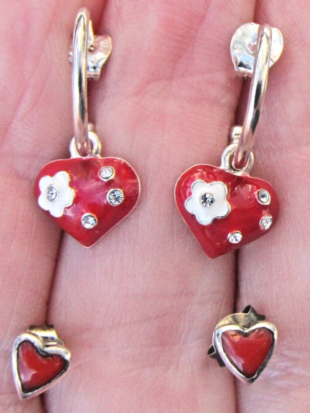 Red Heart Flower Drop Earrings with Crystals - Women Jewelry